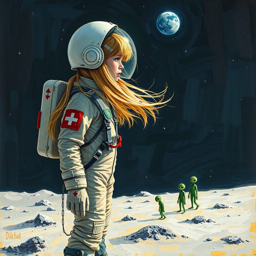 Lunar Beauty in Neo-Impressionist Astronaut Suit