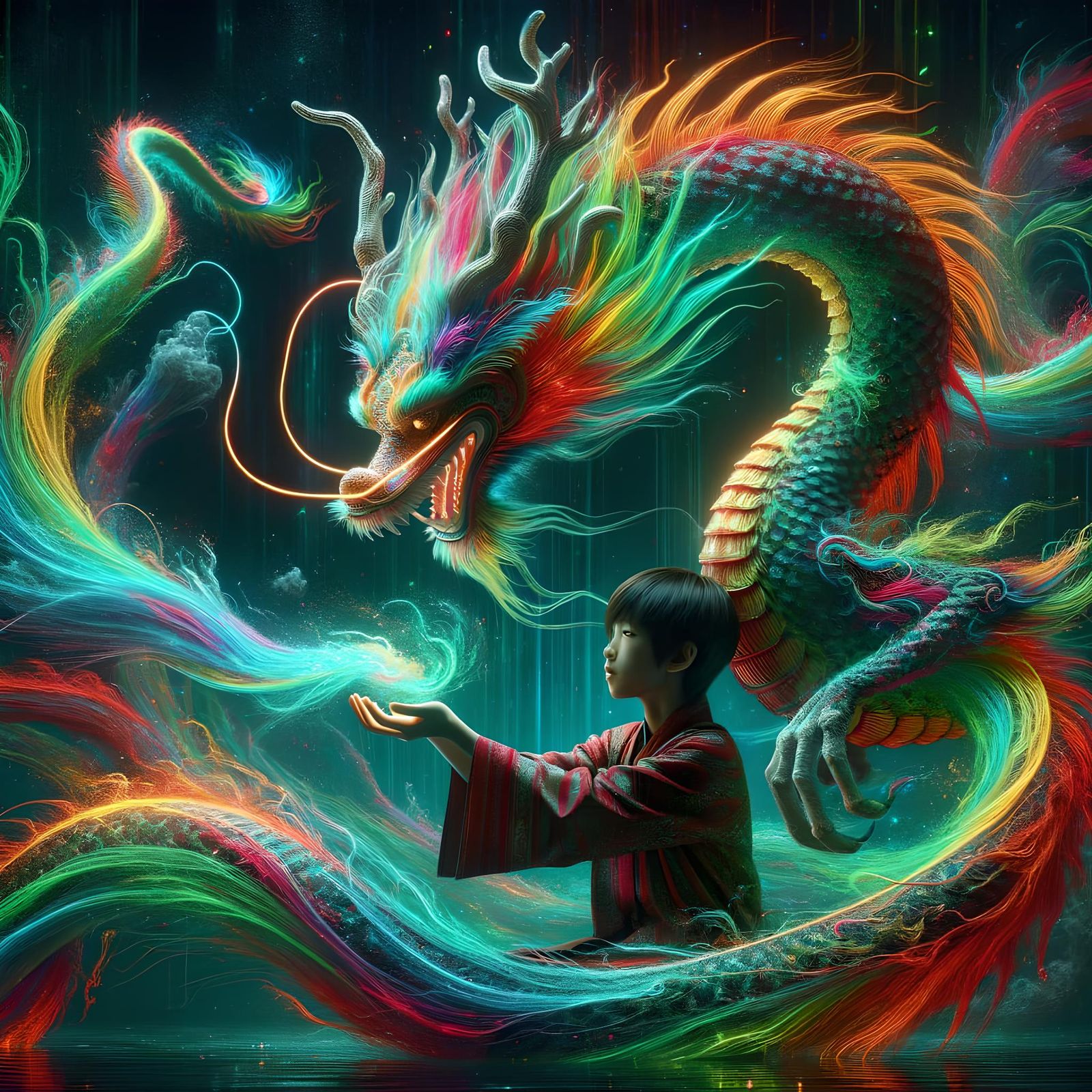 Boy Holding Rainbow Dragon in Neon Fantasy Realism
