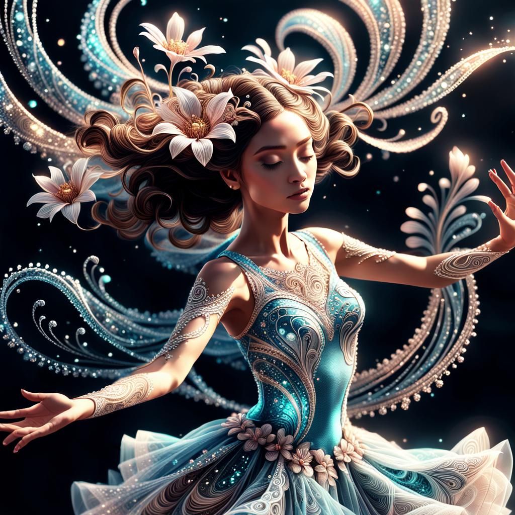 Glittering Flower Dances in Surreal Zentangle Style