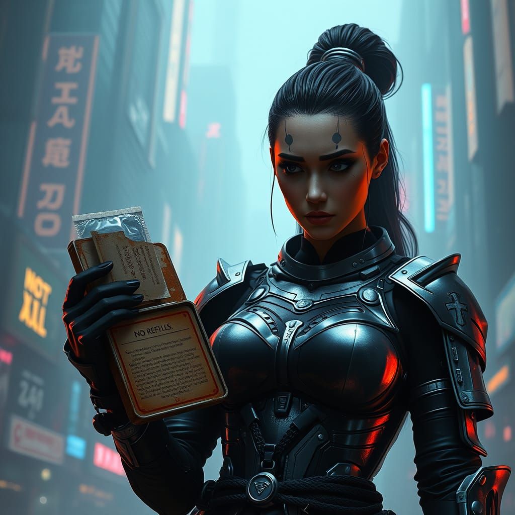 Futuristic Samurai Woman Stands Tall in Neon-Lit Cityscape