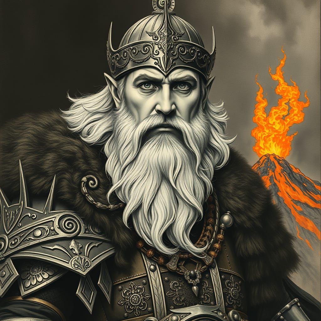 Dwarven King Amidst Majestic Volcanic Landscape in Art Nouve...