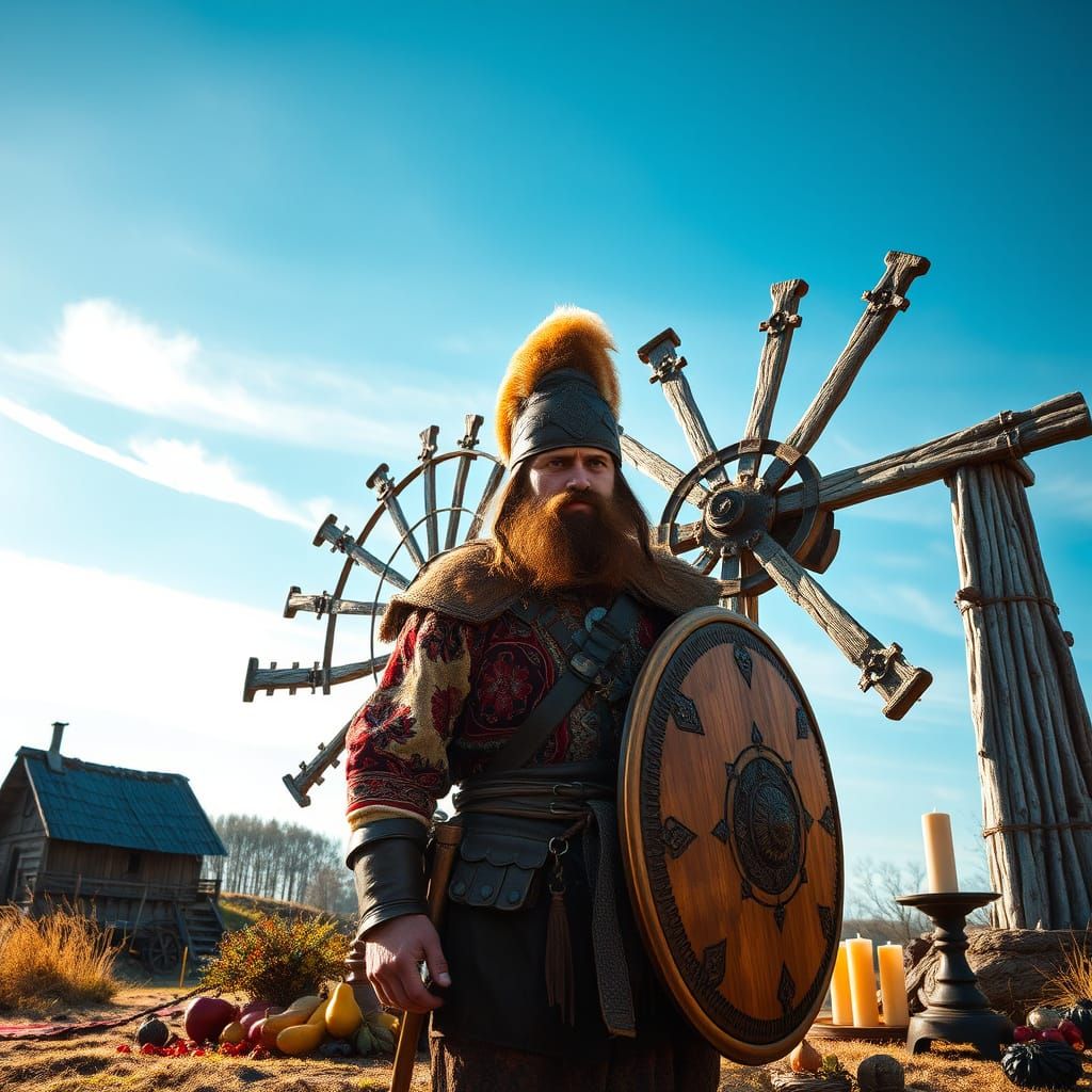 Medieval Slavic Warrior in Traditional Attire