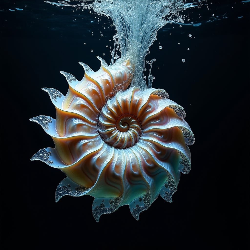 Iridescent Nautilus Shell Falls into Mystical Deep Water
