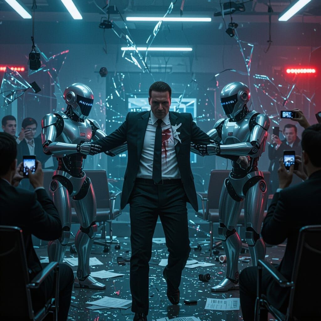 Dystopian Courtroom Arrest in Sci-Fi Style