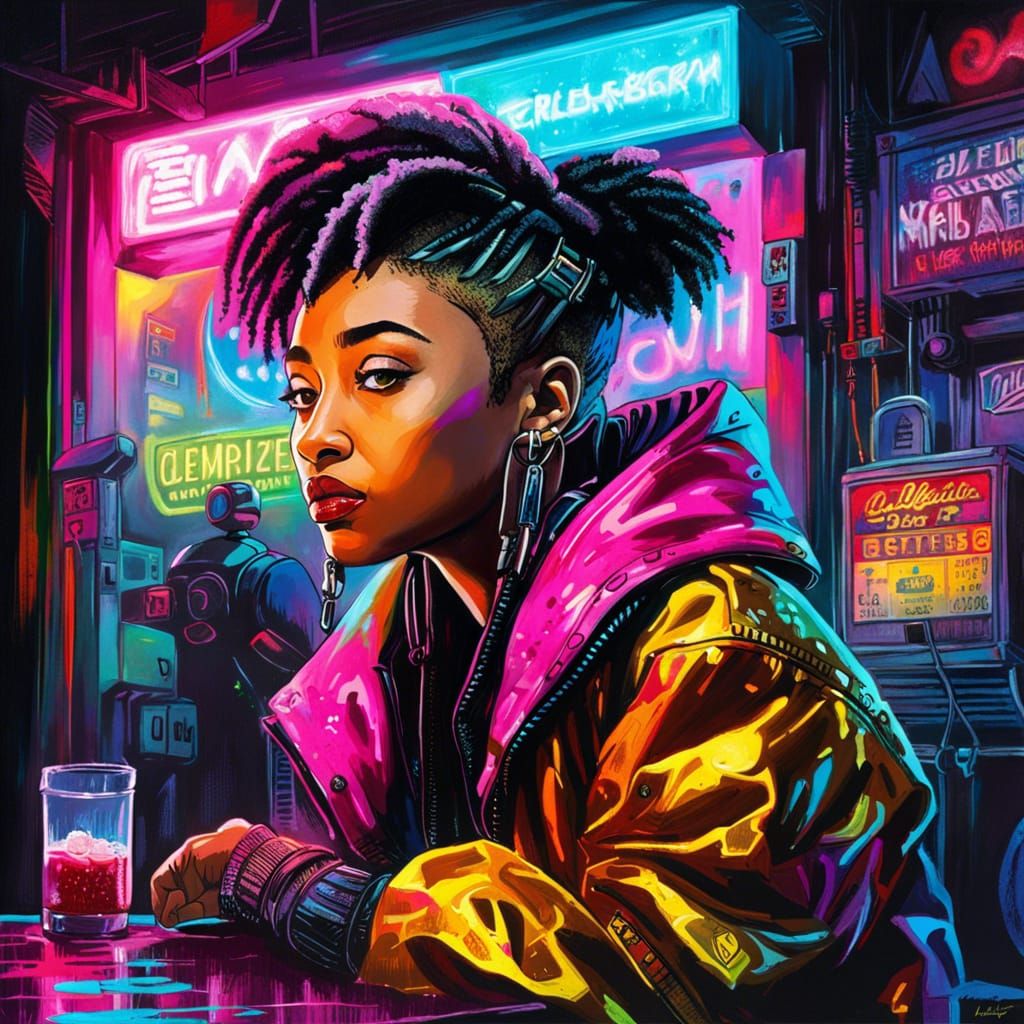 Cybergoth Amandla Stenberg in Cyberpunk Dive Bar