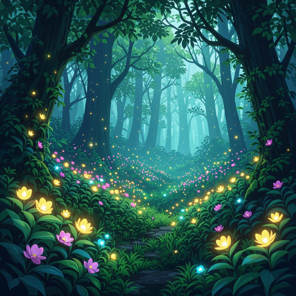 Enchanted Forest with Glowing Flora in Digital Art Style