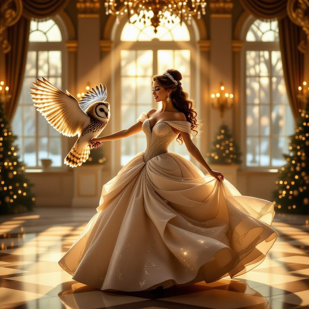 Belle Dances with Owl in Christmas Ballroom