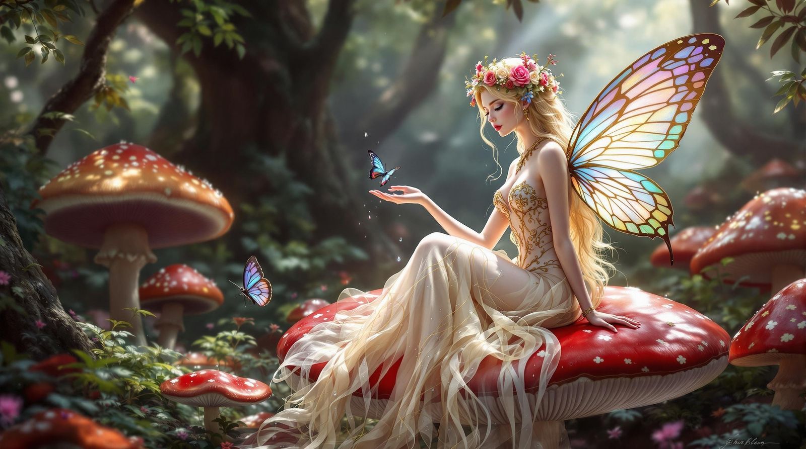 Fairy on Mushroom in Ethereal Digital Art Style
