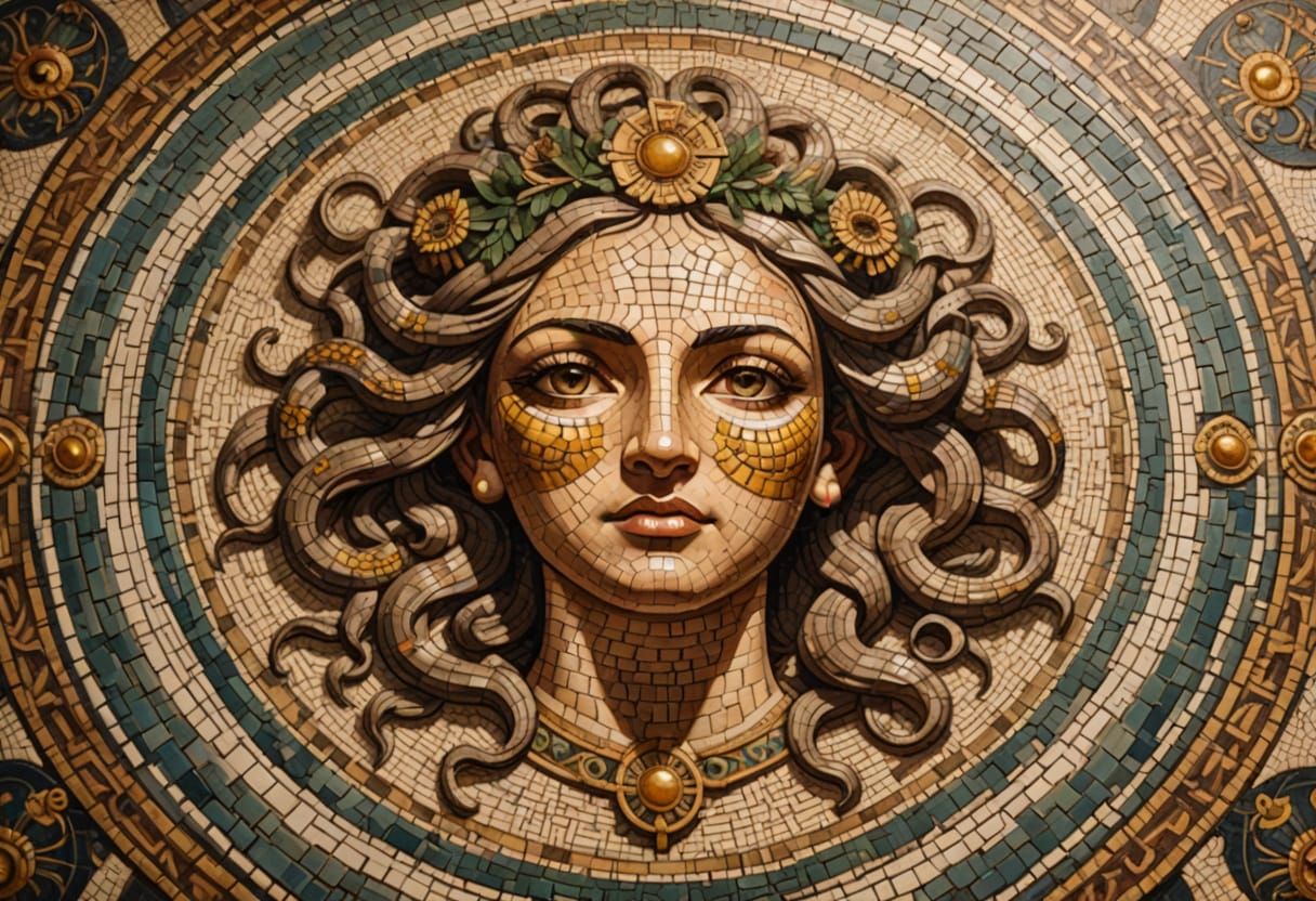 Elegant Byzantine Mosaic of a Female Gorgon