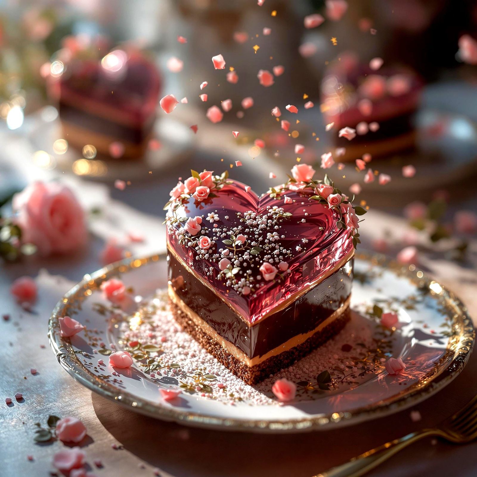Crystal Chocolate Heart Cake with Roses, Hyperrealistic