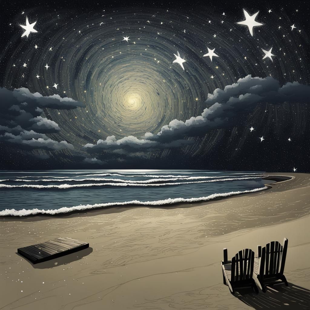Starry Night Beach Scene in Conceptual Art Style