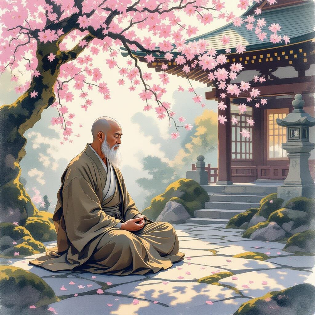 Tranquil Japanese Temple Garden with Meditating Monk