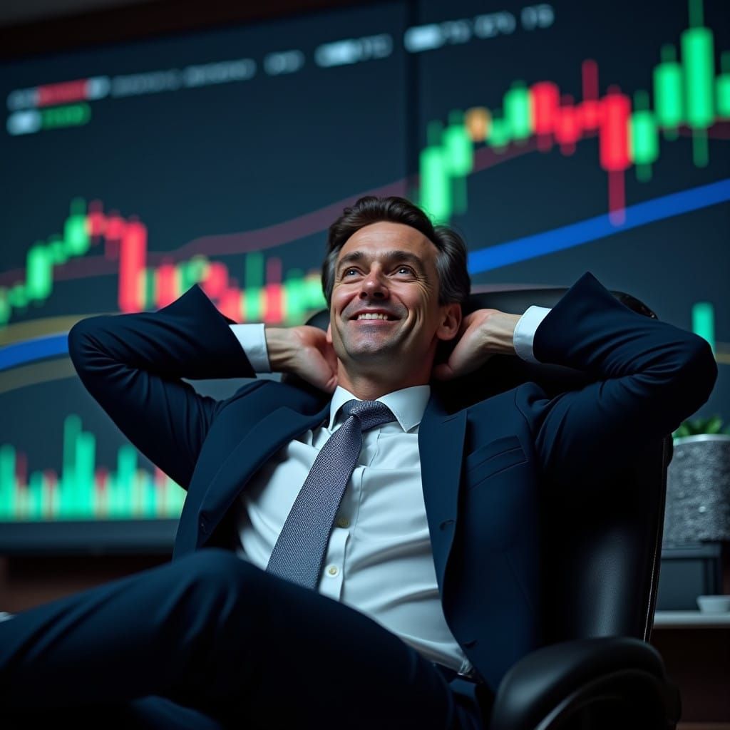 Confident Executive Triumphs in High-Tech Trading Office