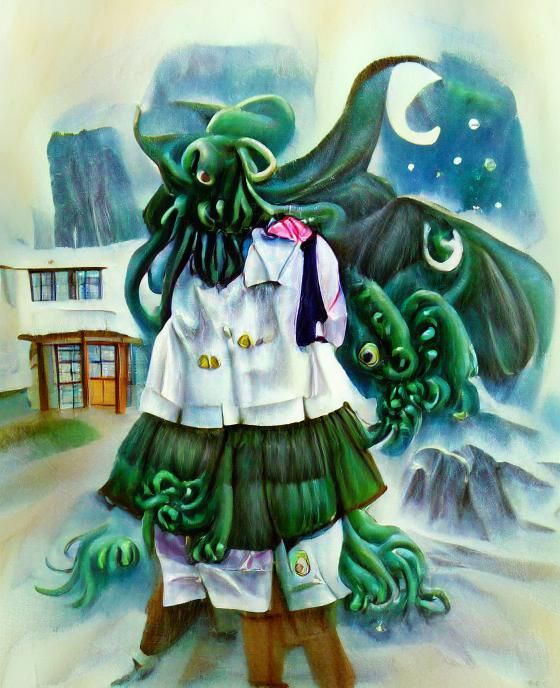 Cthulhu in Sailor Fuku Uniform, Watercolor Painting