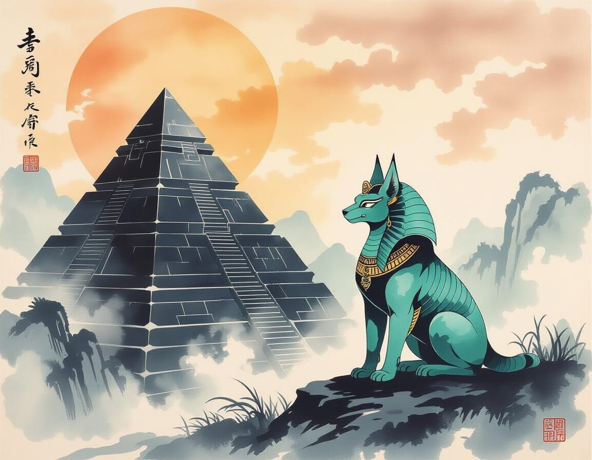 Sphinx and Pyramid in Chinese Ink Painting Style