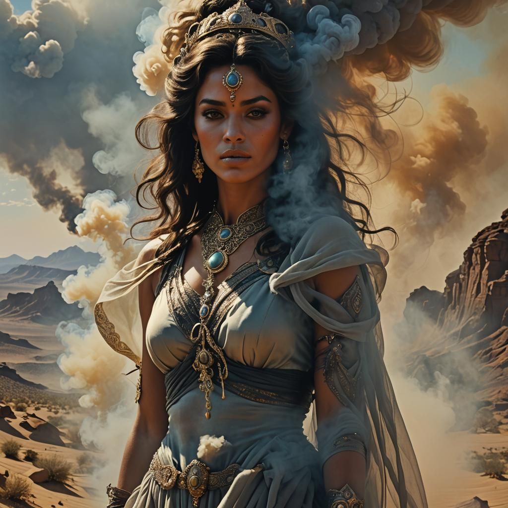 Smokey Genie in Desert Landscape, 3D Render