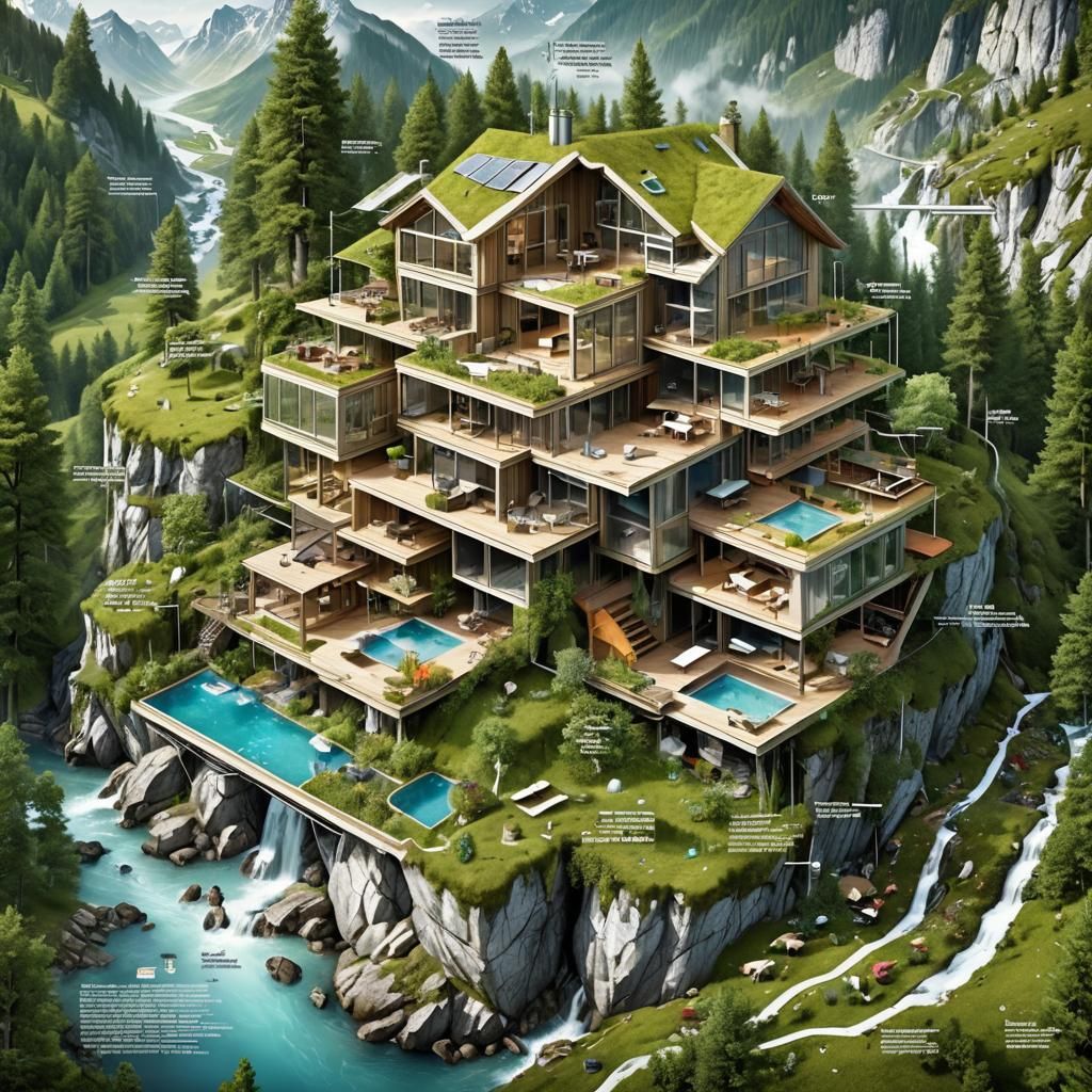Futuristic Low-Tech Alpine Ecohouse: Detailed Science Diagra...