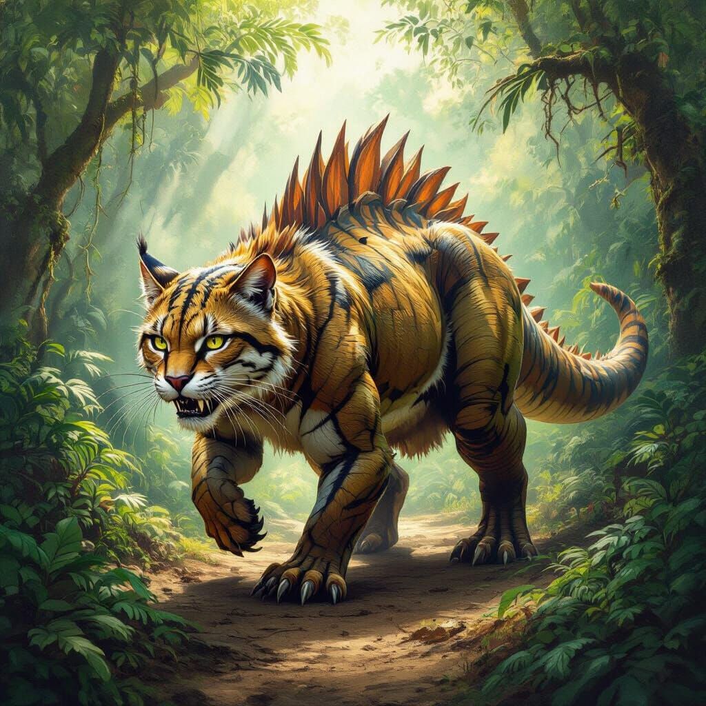 Dino-Cat Hybrid Stalks Prehistoric Jungle Oil Painting