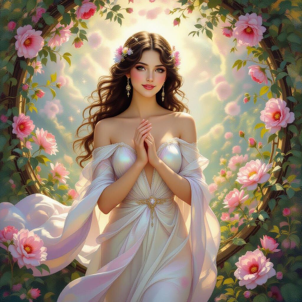 Goddess of Love in Celestial Garden, Romantic Oil Painting