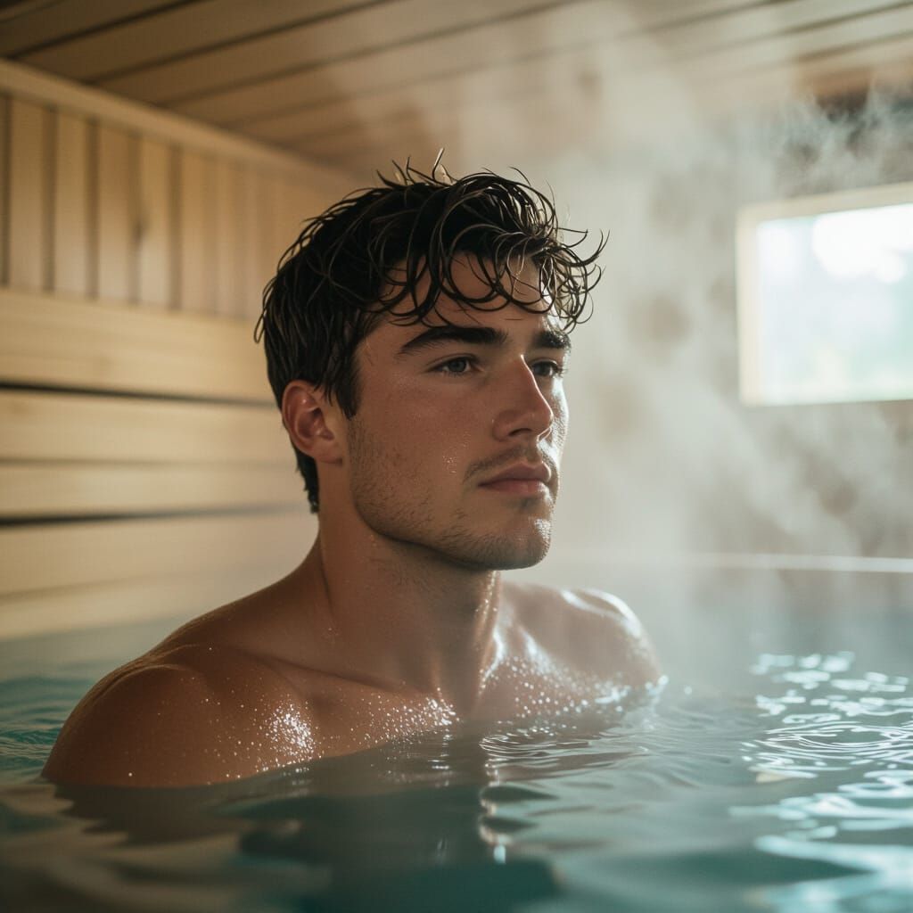 Young Man in Steamy Sauna: Cinematic Film Still