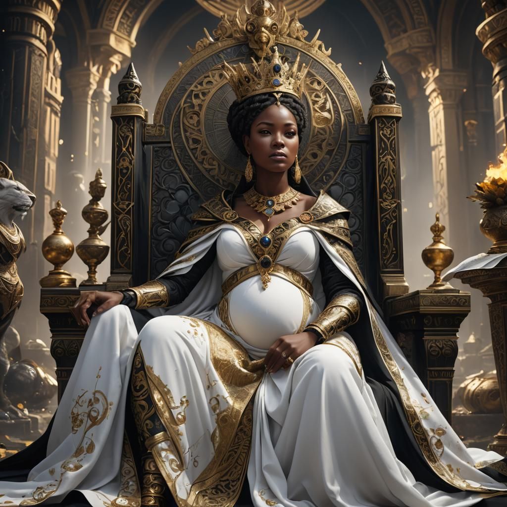 Ebony Pregnant Queen on Throne: Detailed Matte Painting