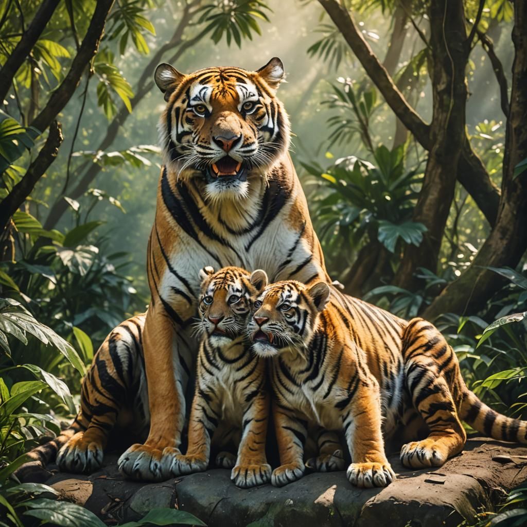 Tigress and Cubs in Sunny Jungle, Cinematic Still