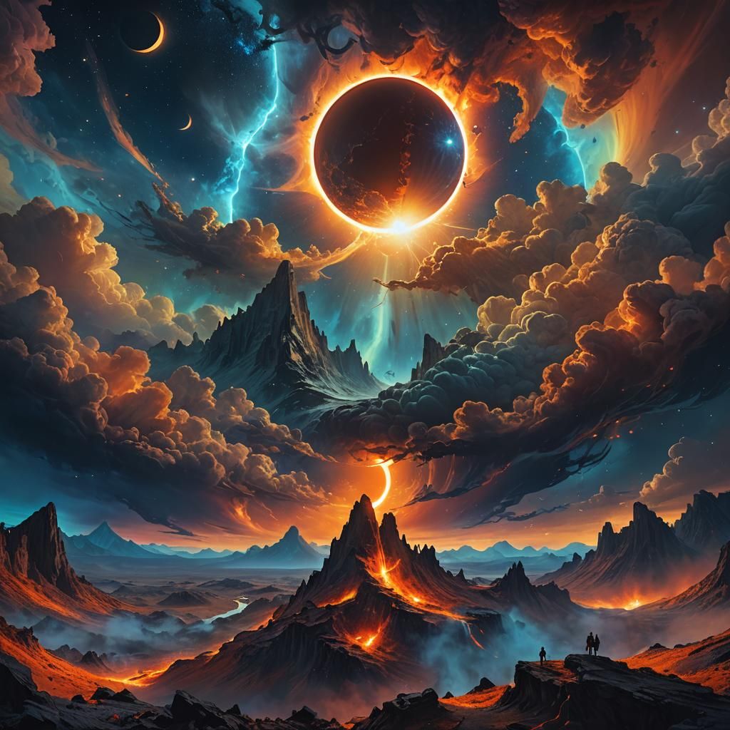 Solar Eclipse with Aurora in Surreal Landscape