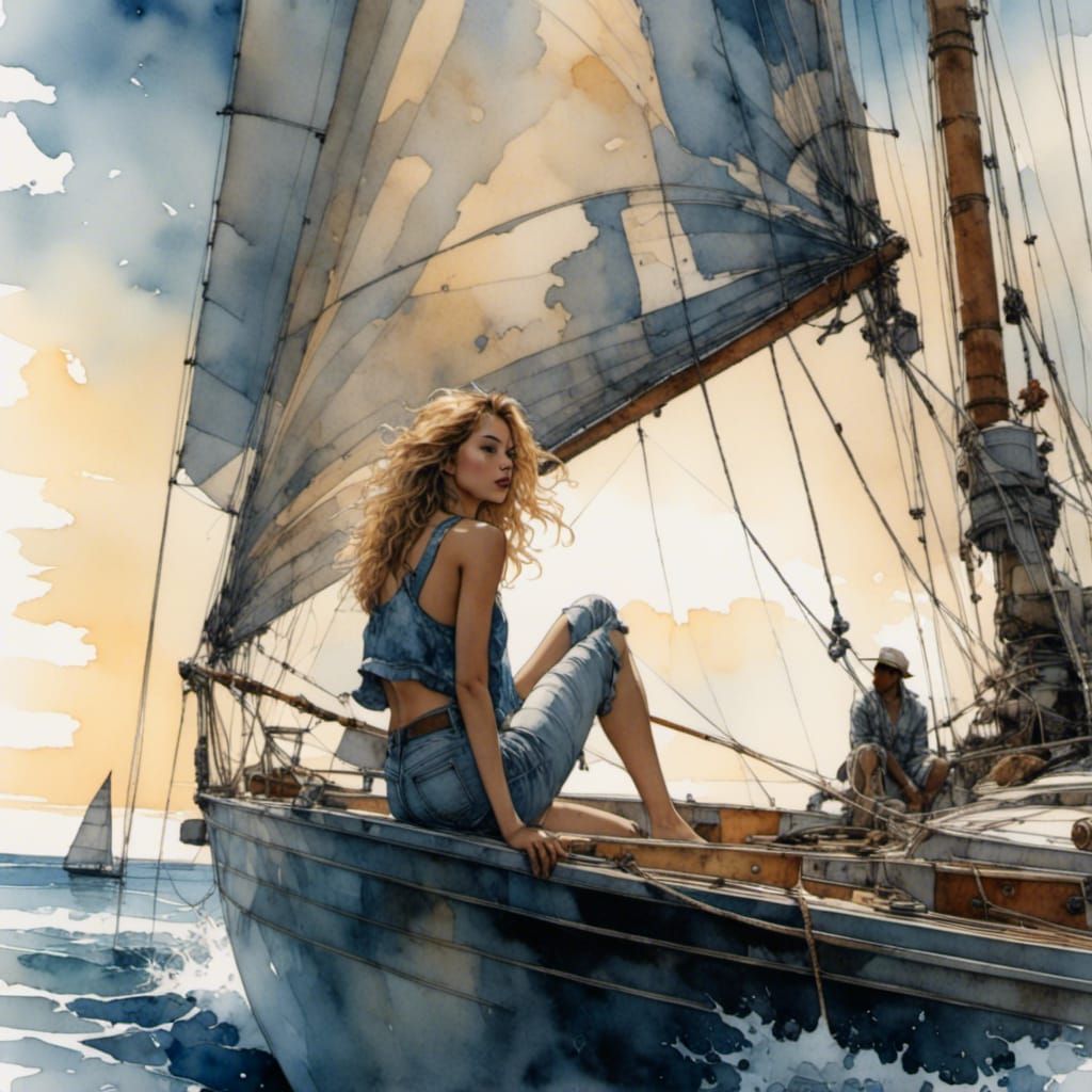 Watercolor Comic: Woman on Sailboat in Chiaroscuro Style