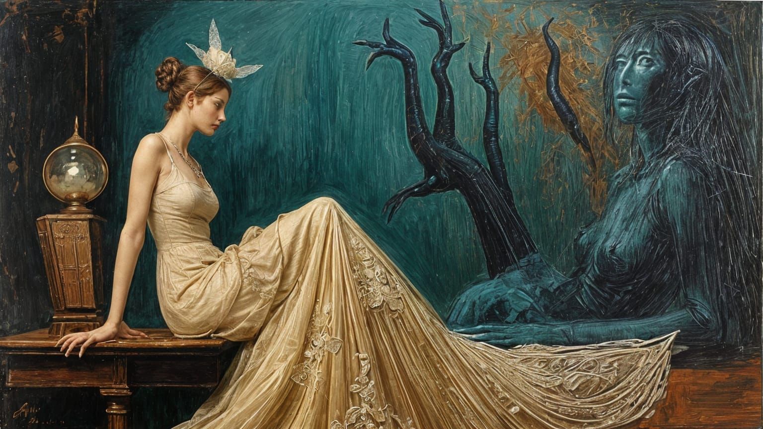 Surreal Portrait of a Woman at Table in Surrealist Style