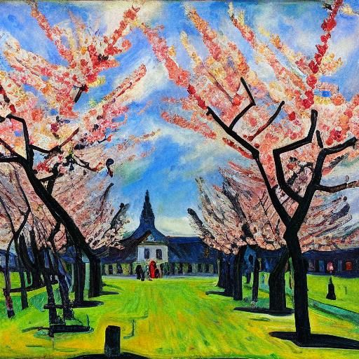 Ethereal Cherry Blossoms on Battlefield, Expressionist Style