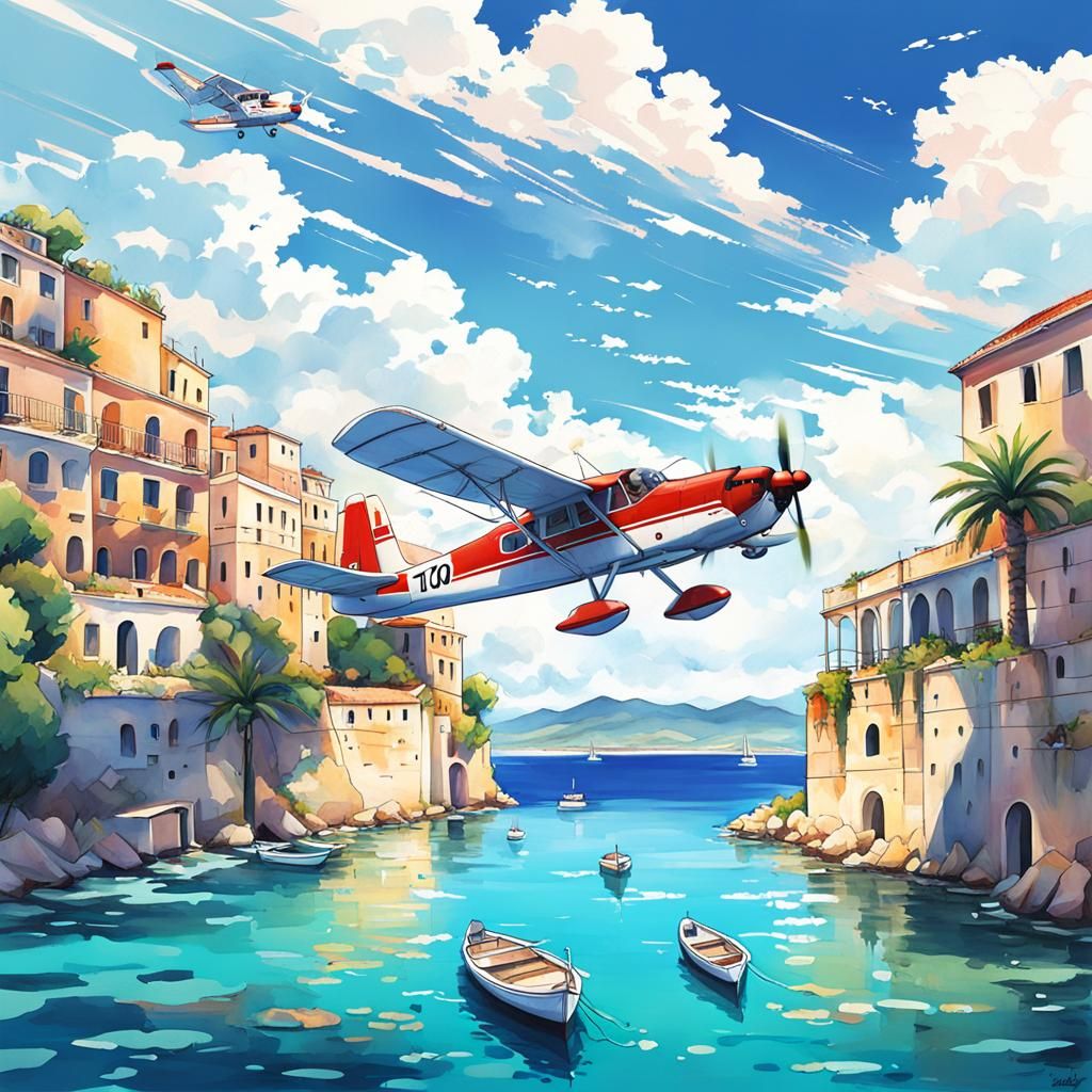 Seaplane Over Southern Italy in Anime Style