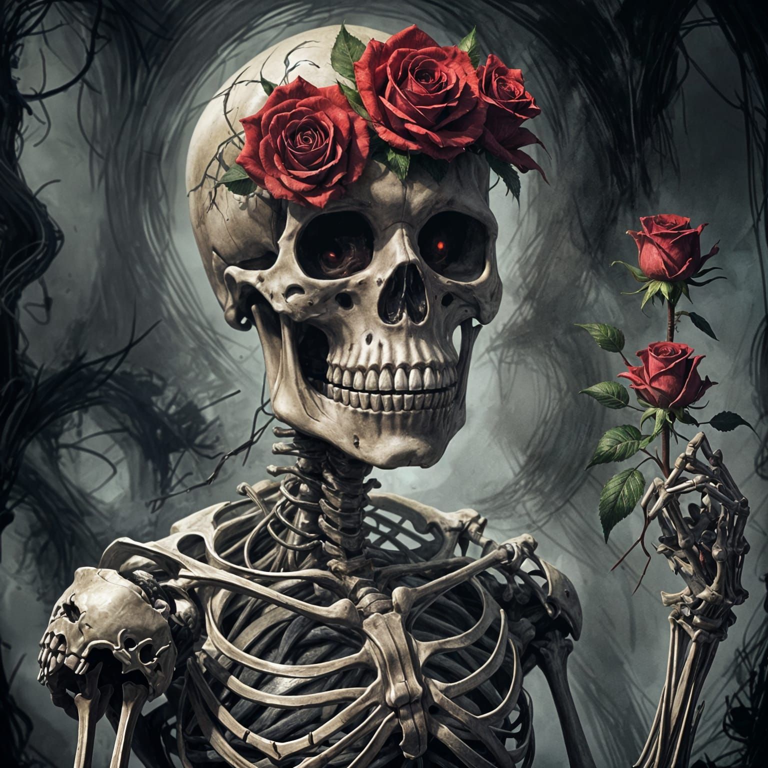 Sinister Skeleton Holding a Rose Illustration