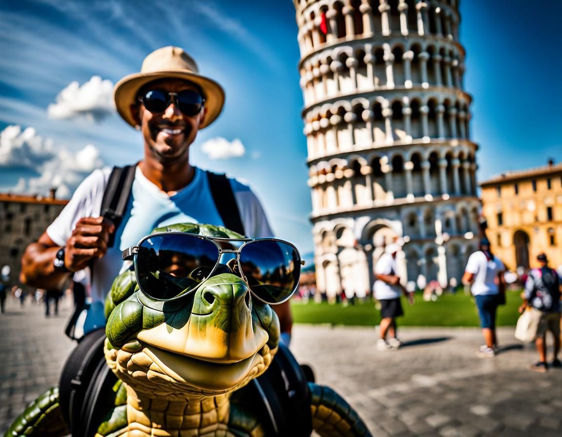 Anthropomorphic Turtle Tourist at Leaning Tower of Pisa