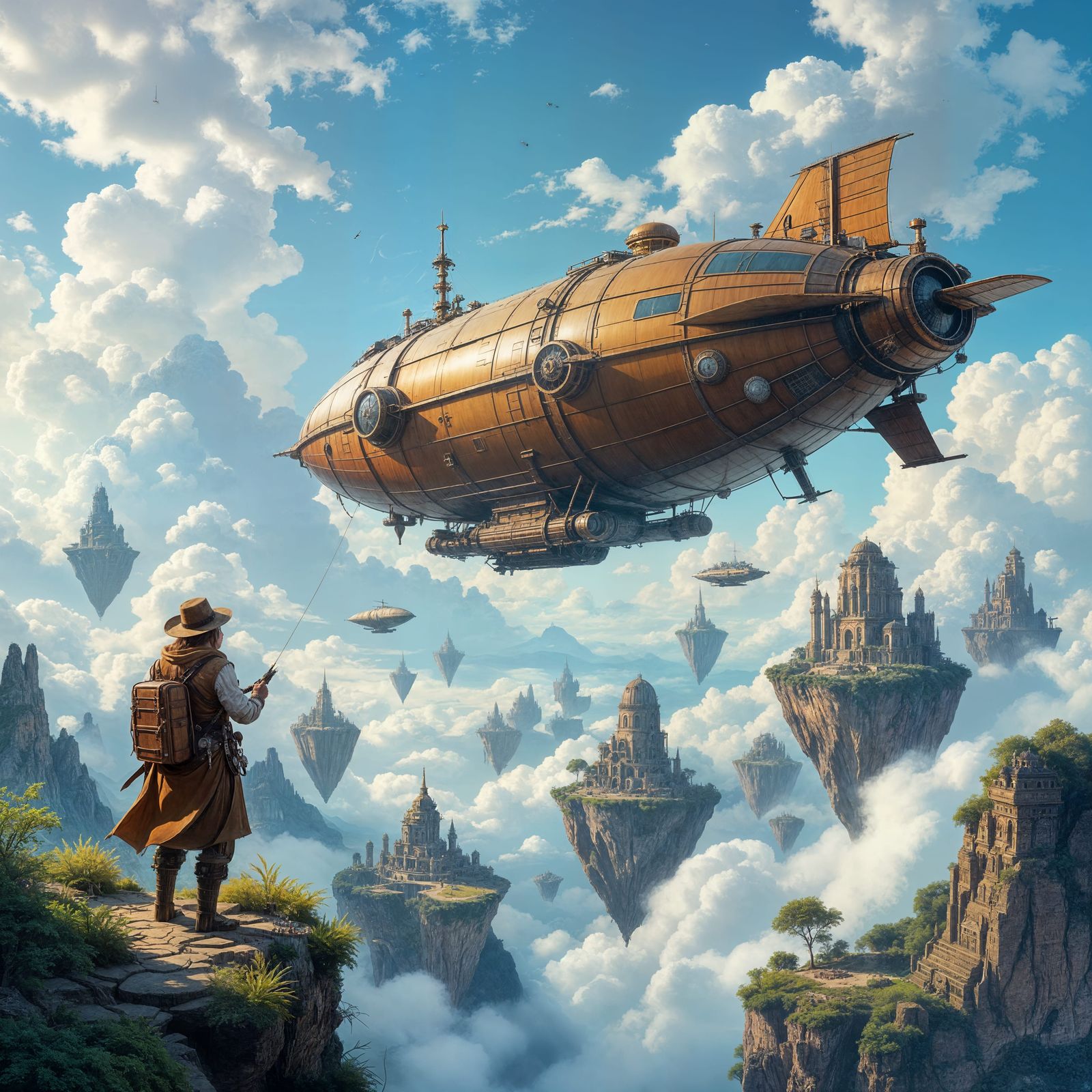 Steampunk Airship Explorer Over Floating Islands in Matte Pa...