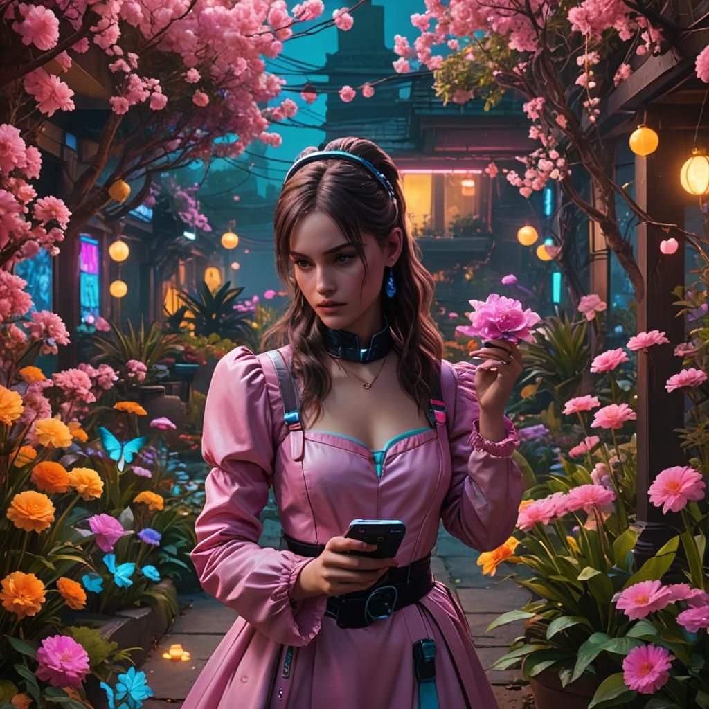 Cinderella in Cyberpunk Garden with Neon Lighting