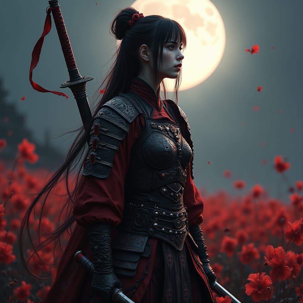 Elegant Vampire Samurai Under Crimson Moonlight