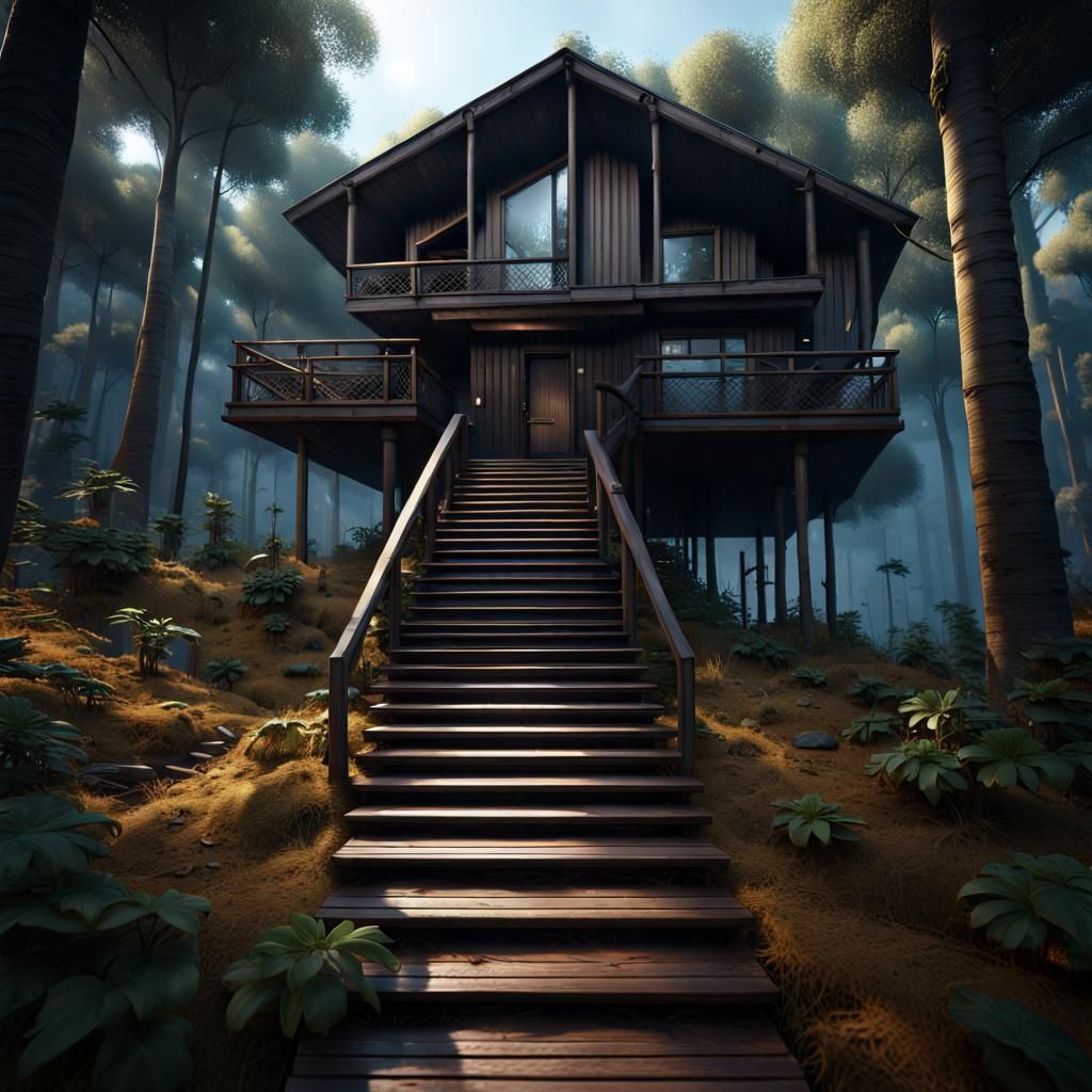 Modern Wooden House on Stilts in Forest Clearing
