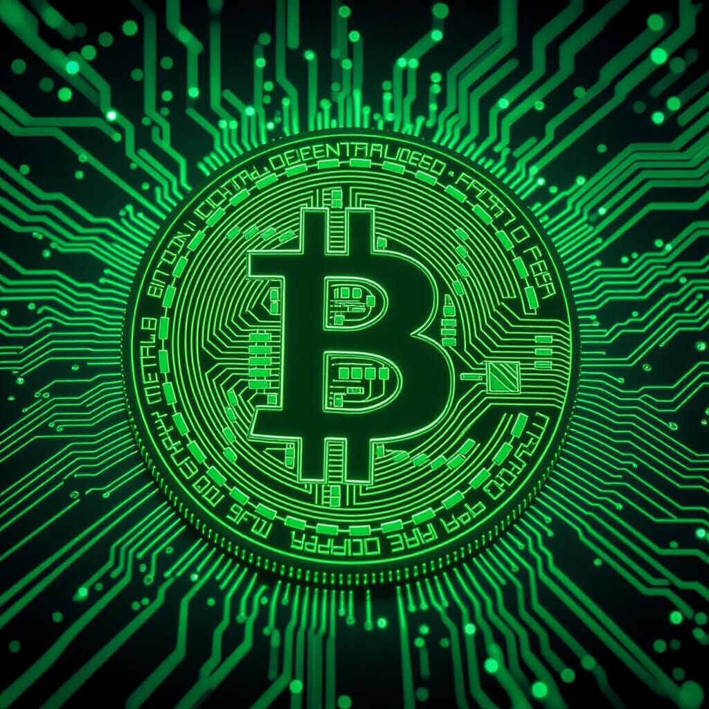 Glowing Green Bitcoin Coin Digital Art