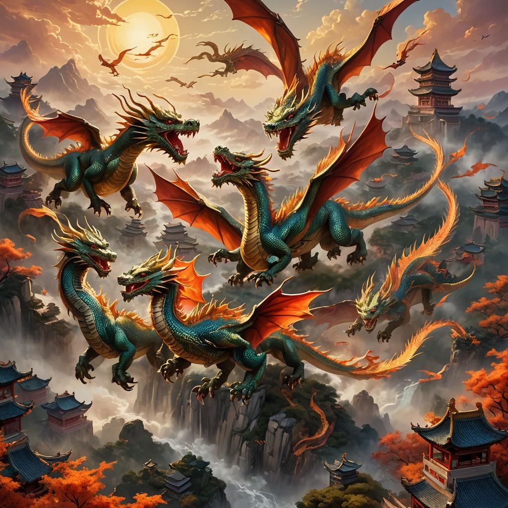 Dragons Fly Over China in Fantasy Art Style