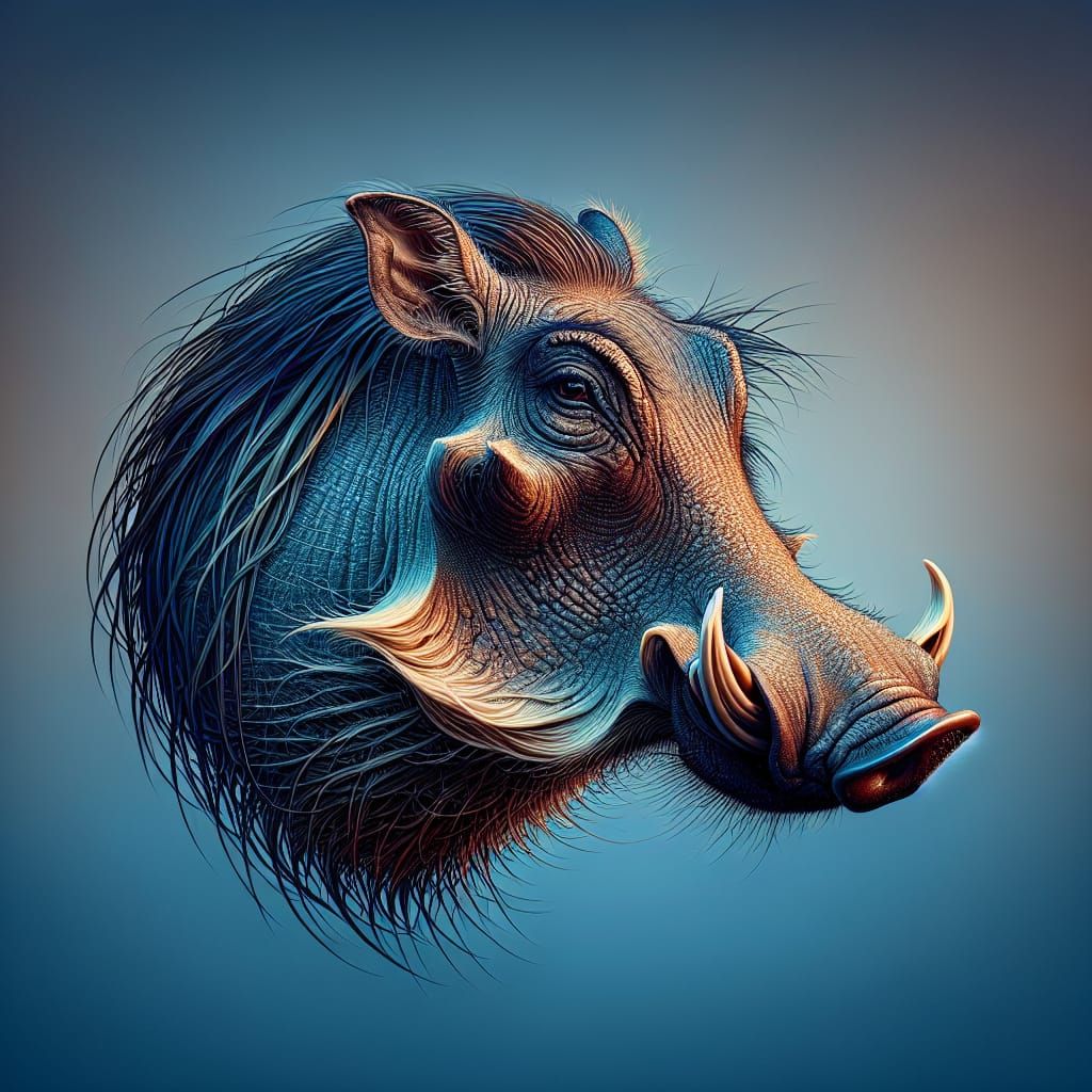 Detailed Photorealistic Warthog Head in Blue Tones