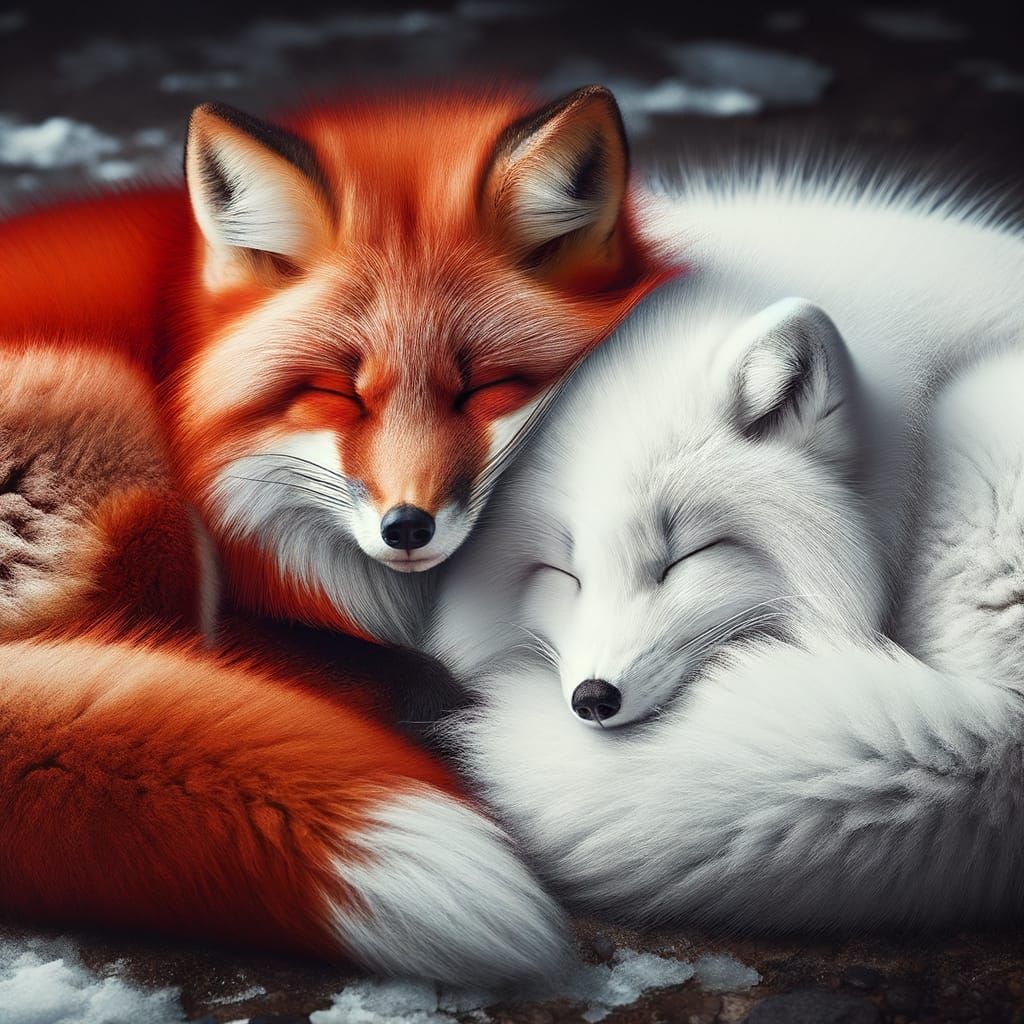 Red Fox and Arctic Fox Sleeping Together