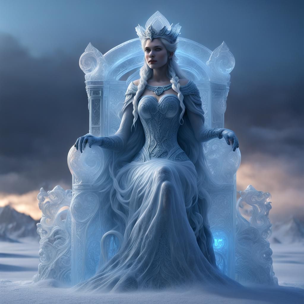 Magnificent Nordic Queen Ice Sculpture in Glowing Blue