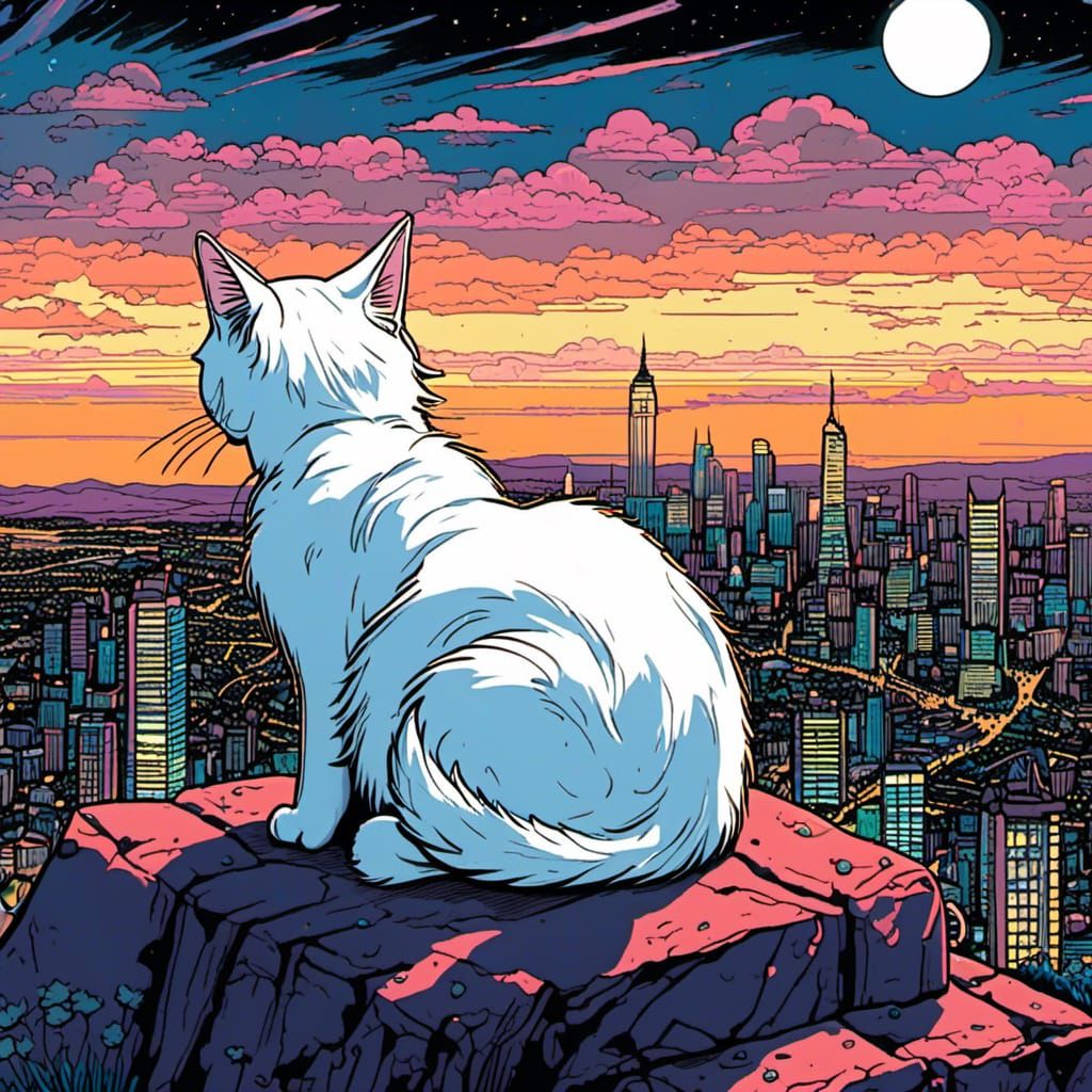 White Cat Overlooking Neon City Skyline