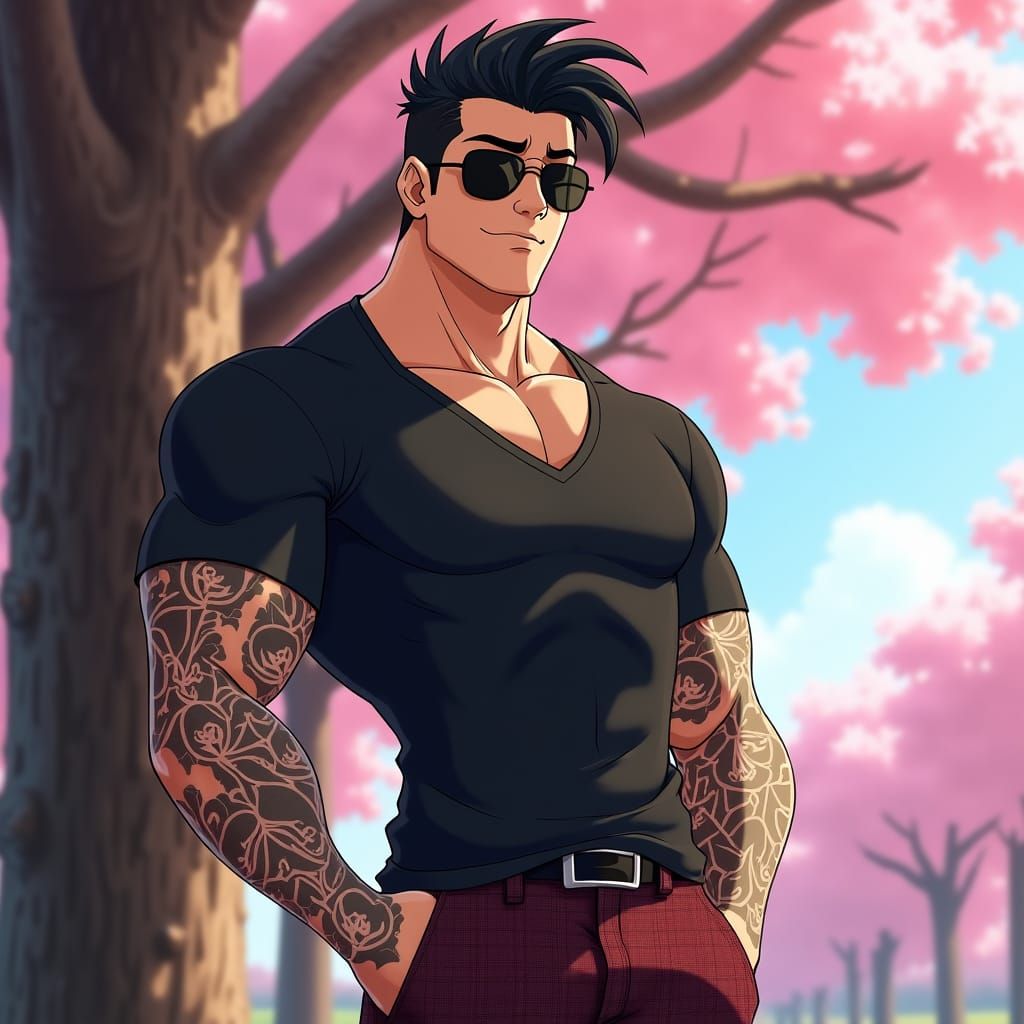 Handsome Anime Man with Tattoos in Cherry Blossom Park