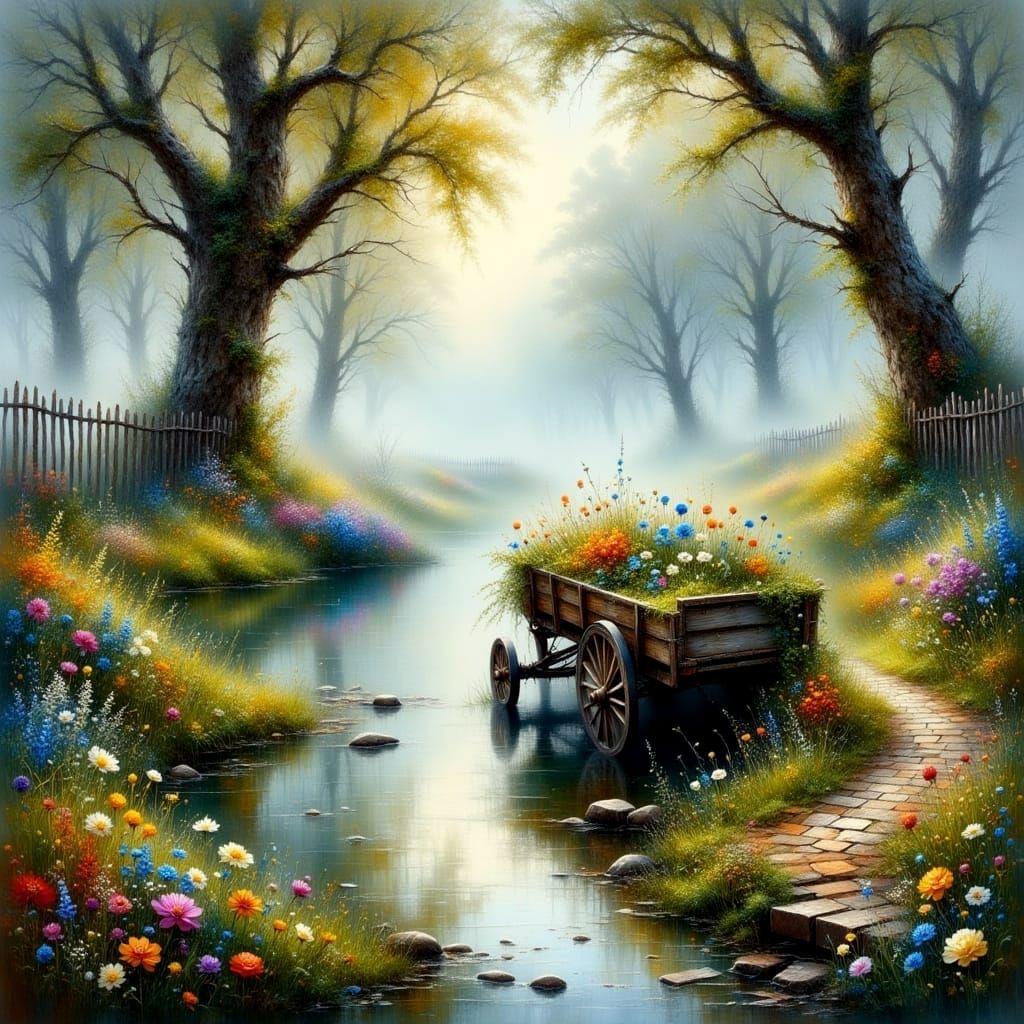 Misty Morning Landscape with Wooden Wagon and Wildflowers