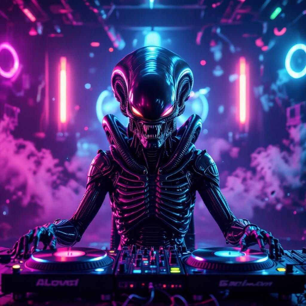 Xenomorph DJ Mixing Music in Psychedelic Neon Club