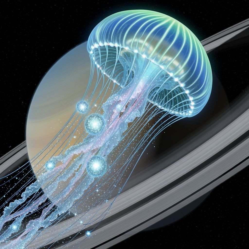 Bioluminescent Jellyfish Glides Through Saturn's Rings