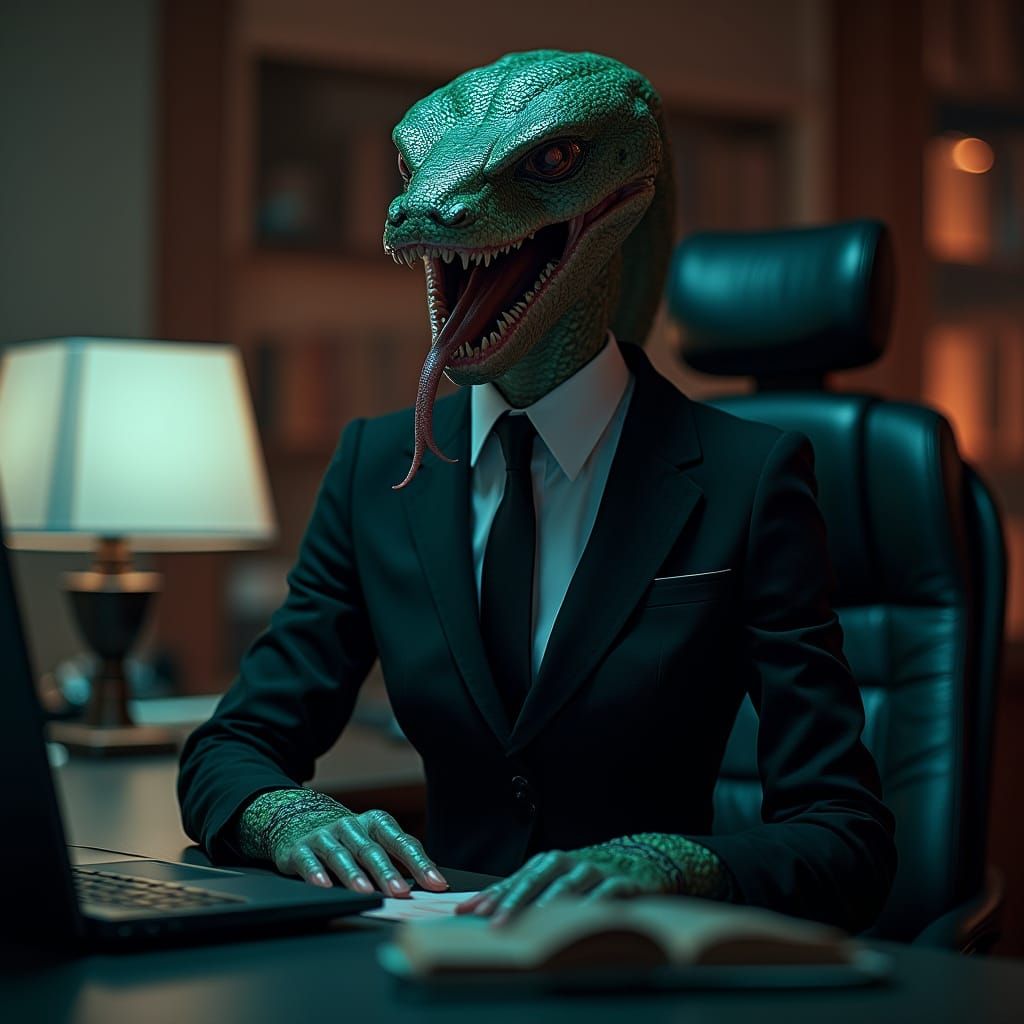 Dark Fantasy Secretary with Snakelike Scales and Forked Tong...