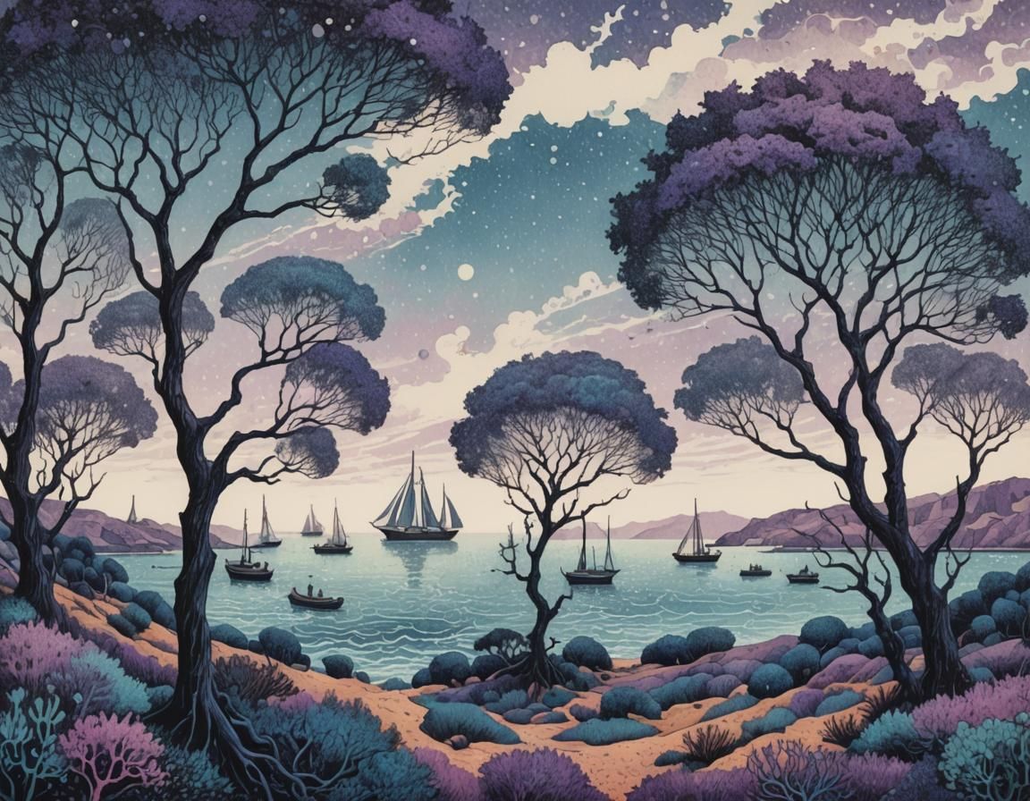 Dreamy Pointillist Seascape with Skyships and Twisted Trees