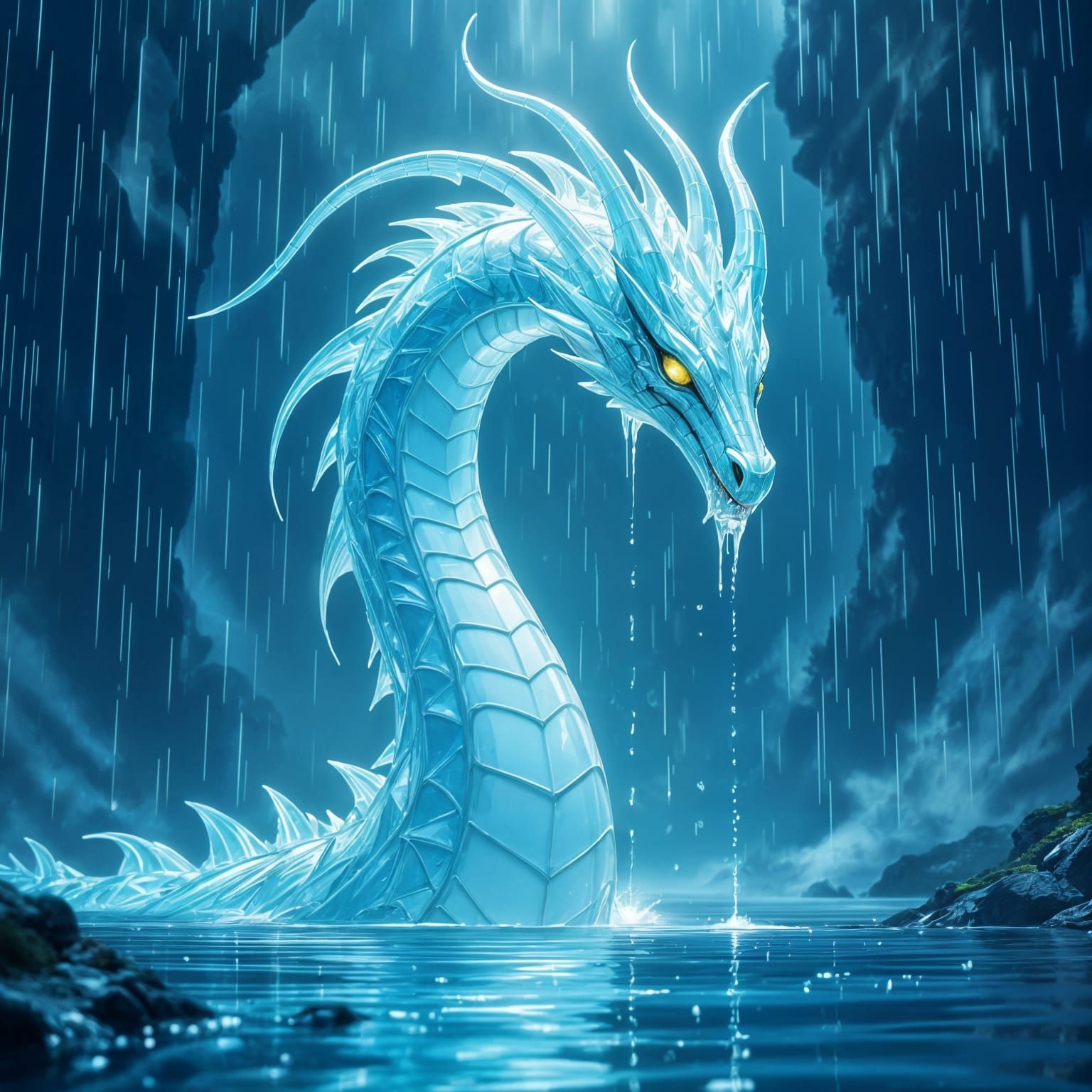 Crystal Water Dragon in Falling Rain